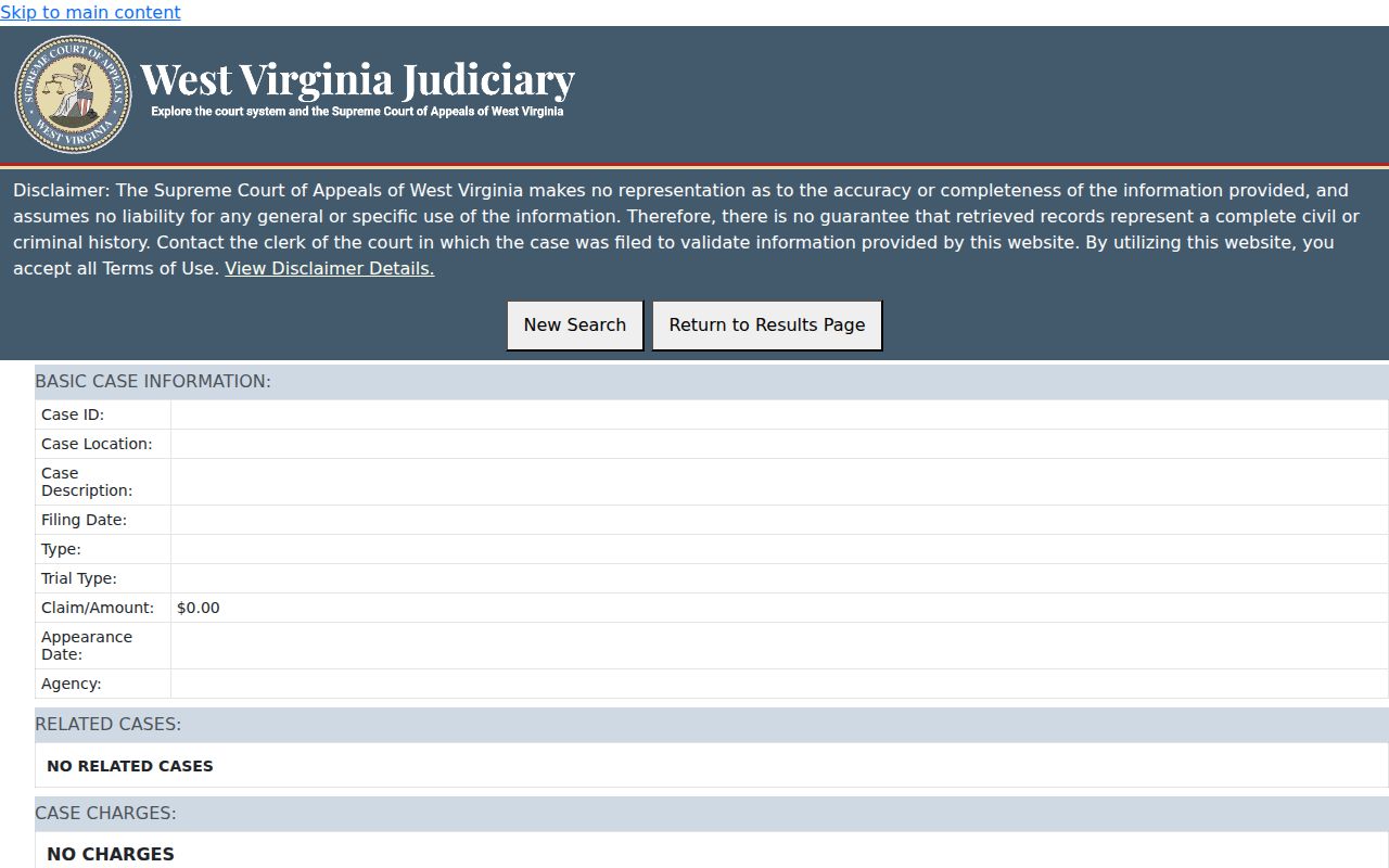 Ritchie County case lookup detail layout with events and docket entries