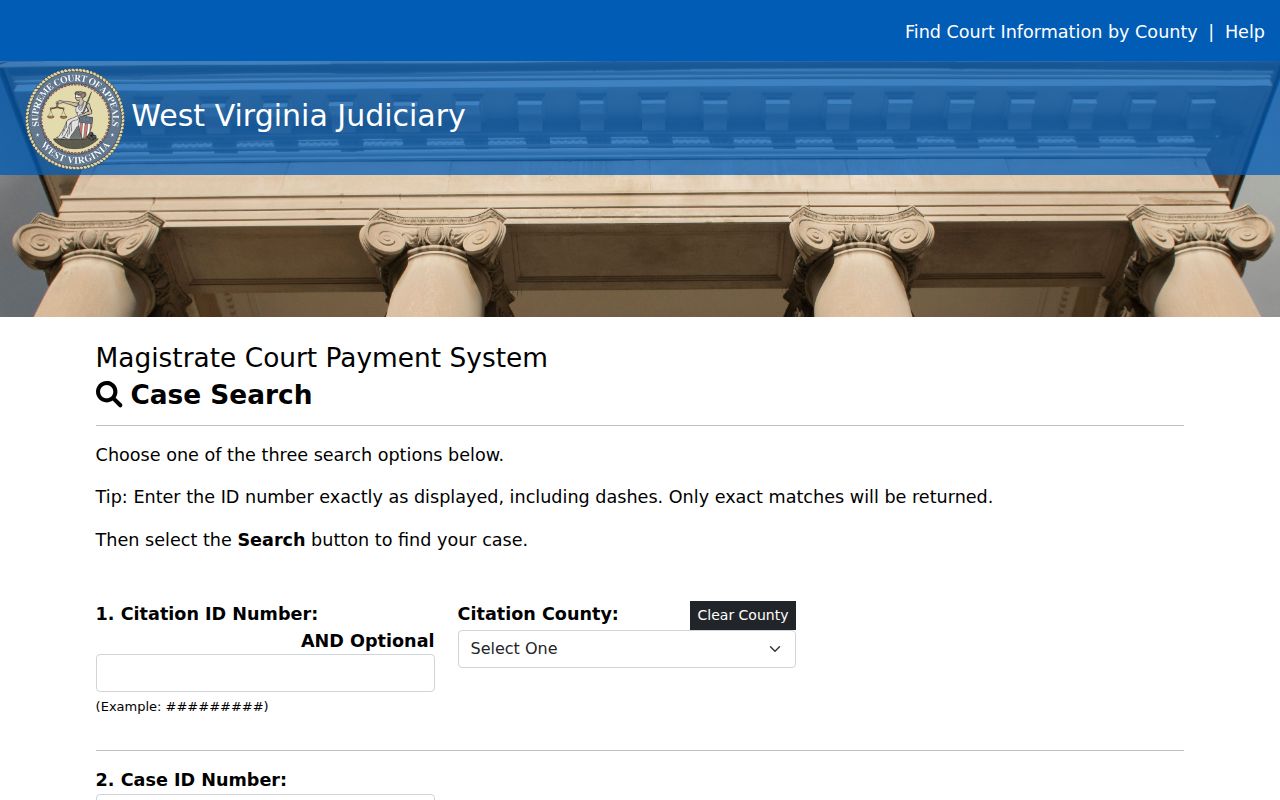 Ritchie County traffic ticket payment search fields for citation case and plan IDs